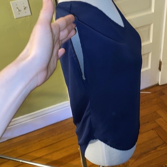 Navy Blue V Neck Flowy Shirt - Picture 5 of 7